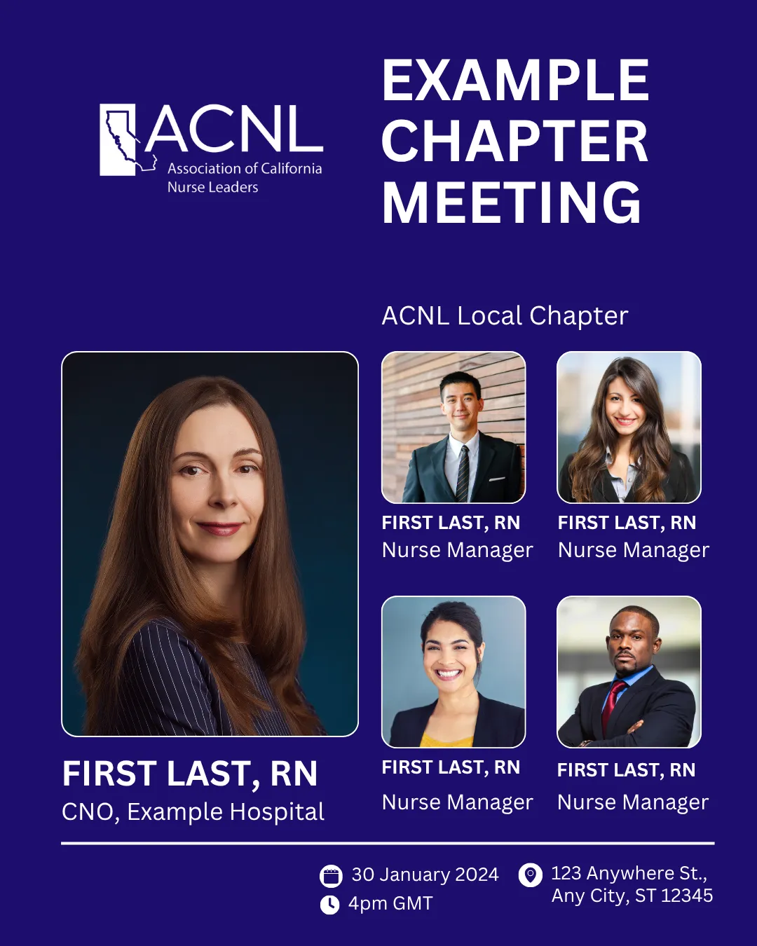A crowded chapter-meeting graphic with one main speaker and four smaller speakers, names and titles too small to read on a phone
