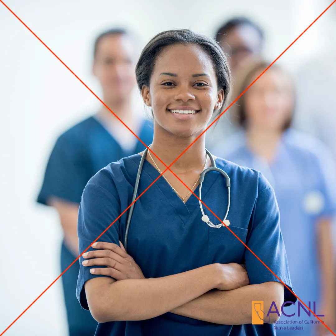 The same nurse photo with the logo placed over a busy area, marked with a red X