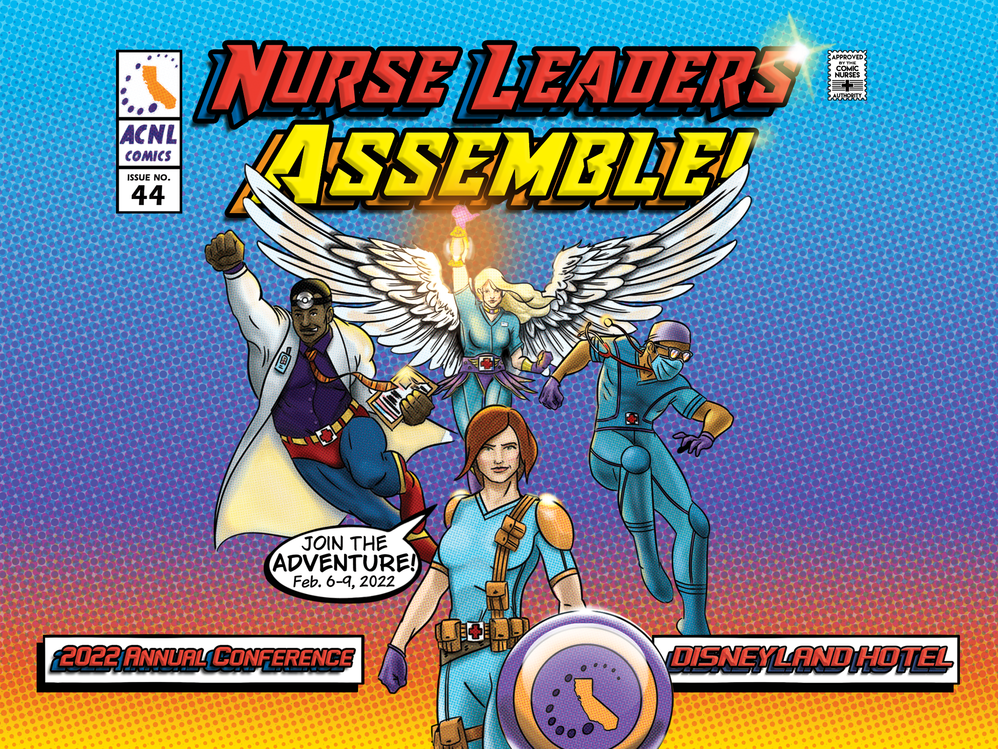 Conference app splash screen for tablets in landscape orientation, the heroes recomposed for a wide layout