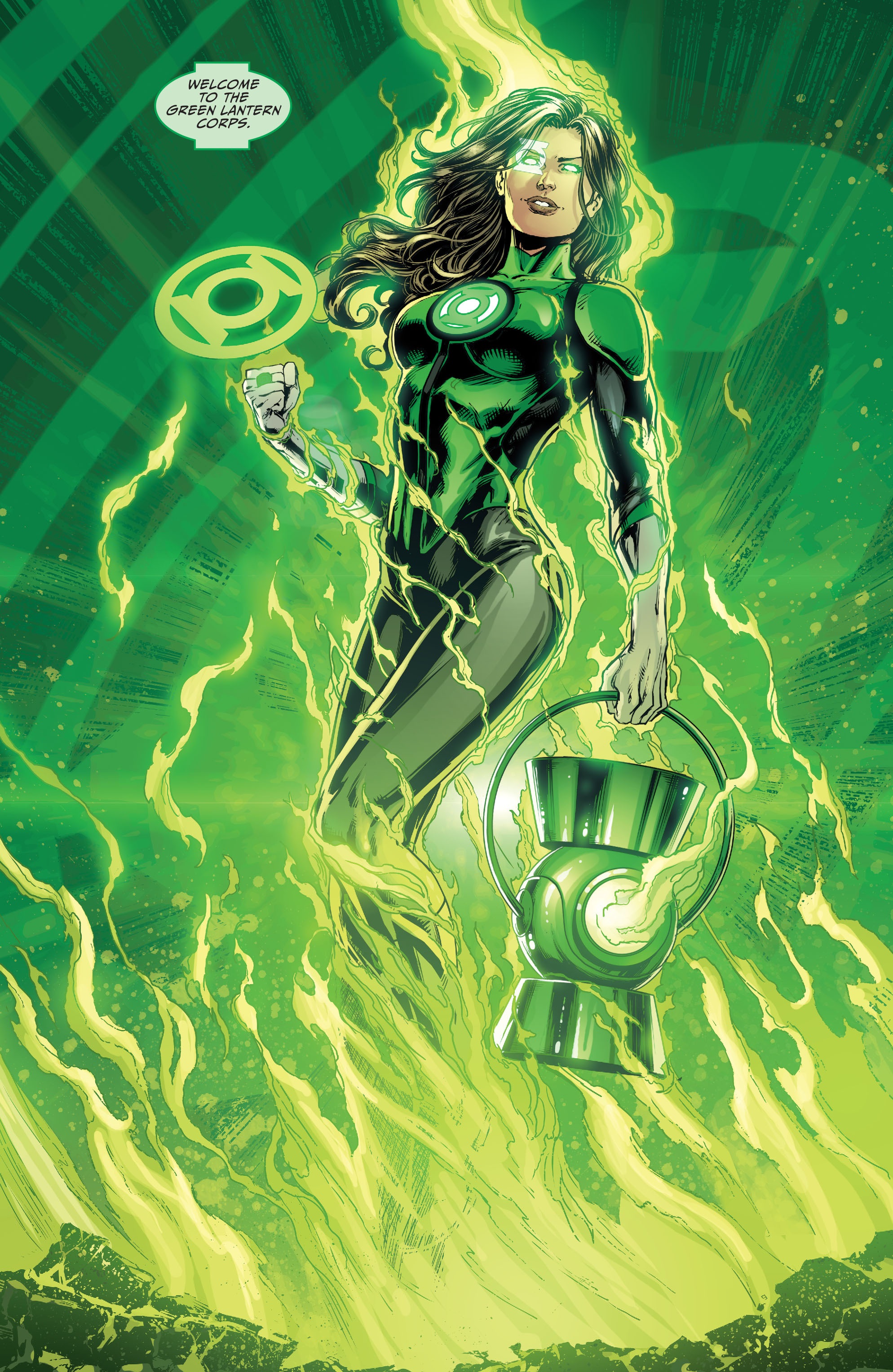 Green Lantern Jessica Cruz wreathed in green energy, holding her lantern