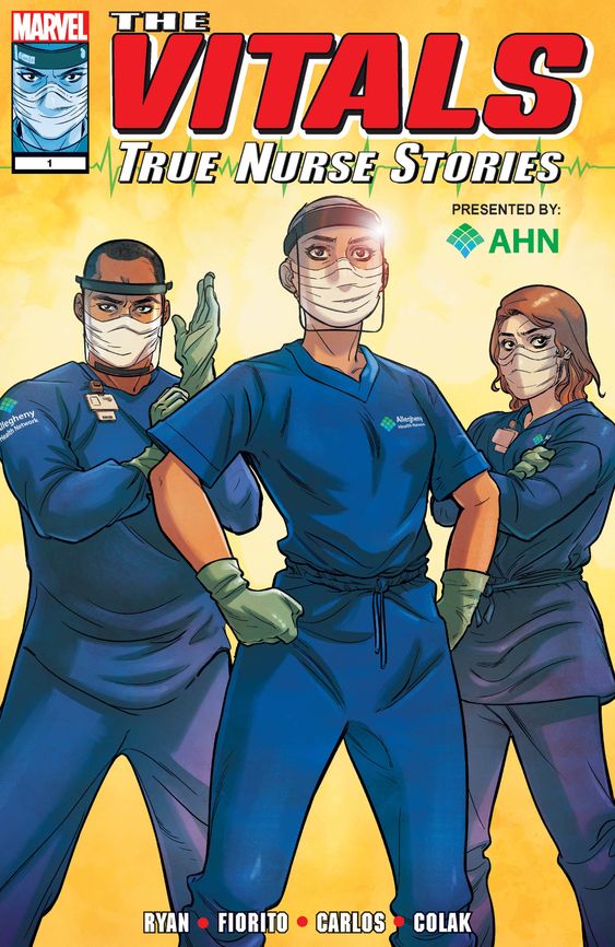 The Vitals: True Nurse Stories comic cover, three nurses in scrubs and masks posed like a superhero team