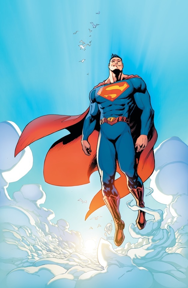 Superman rising into a bright blue sky with sunlight breaking through the clouds below him