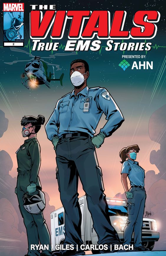 The Vitals: True EMS Stories comic cover, an EMS crew standing in front of an ambulance and helicopter