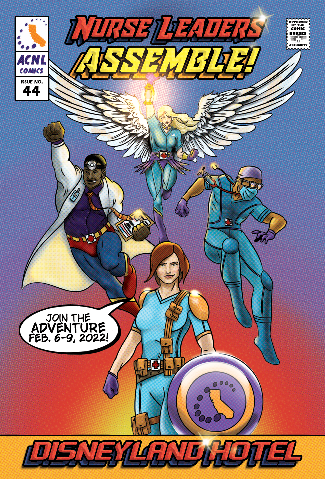 Nurse Leaders Assemble comic-book cover: four nurse superheroes in bright blues, one winged and holding a lamp aloft