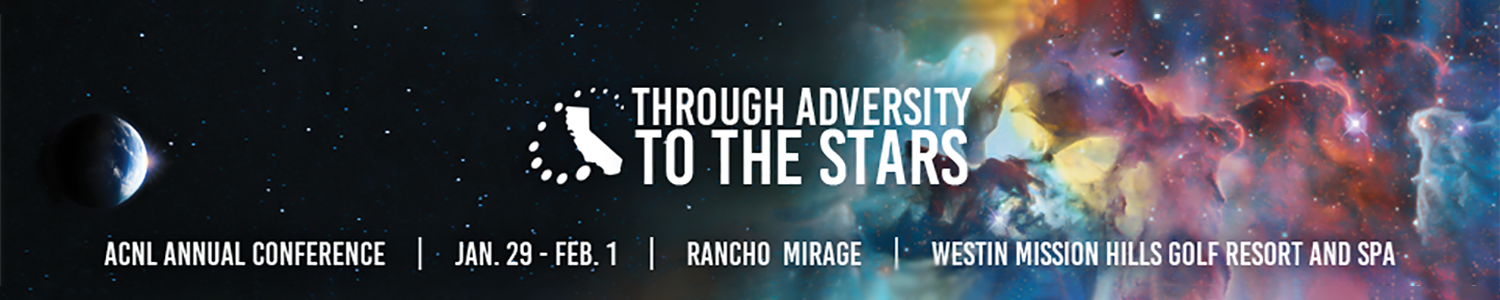 In-app banner: Through Adversity to the Stars over a nebula, with conference dates, Rancho Mirage, and the venue