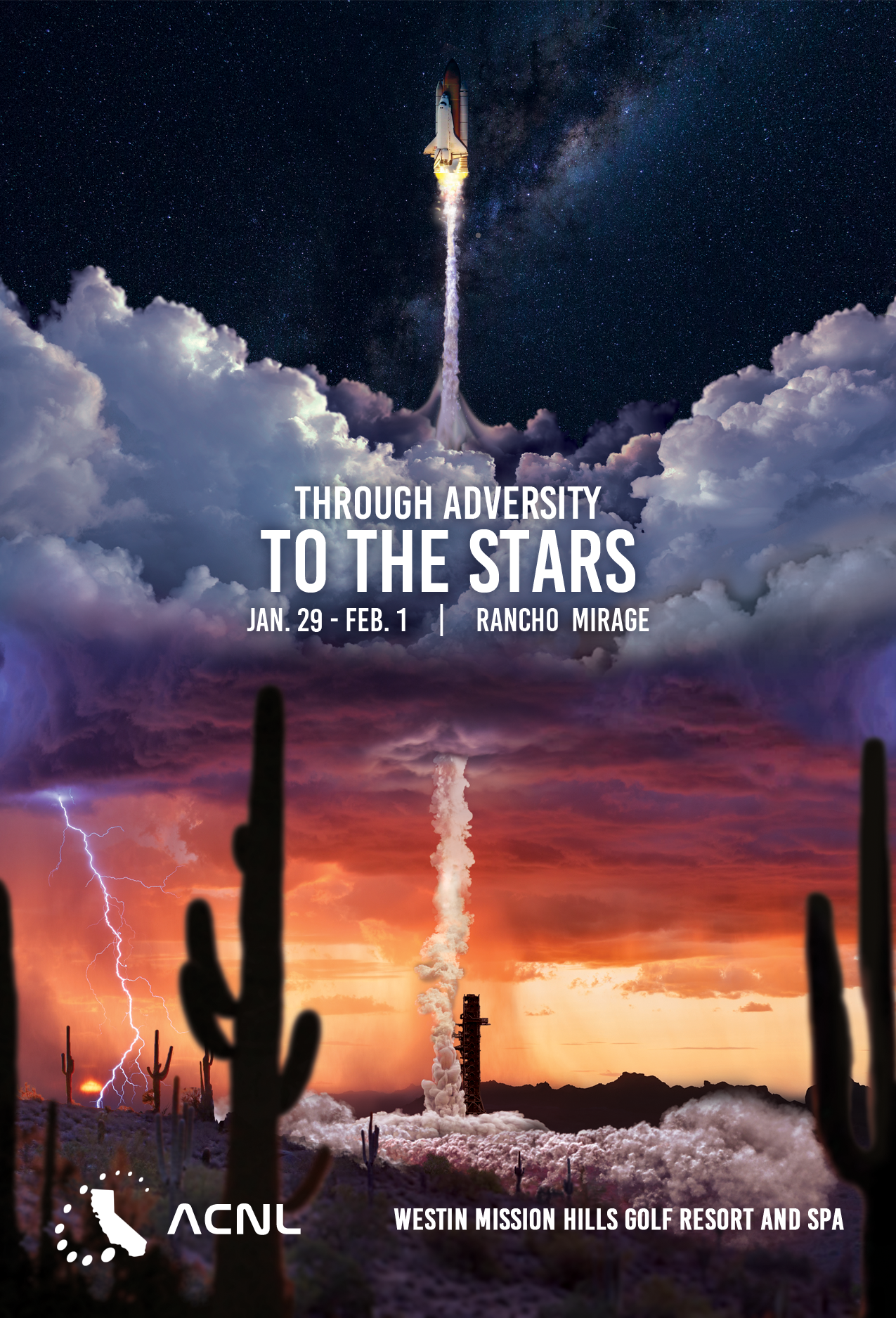 Through Adversity to the Stars key art: a space shuttle climbing through storm clouds and a red desert sunset into a starfield, above the ACNL logo