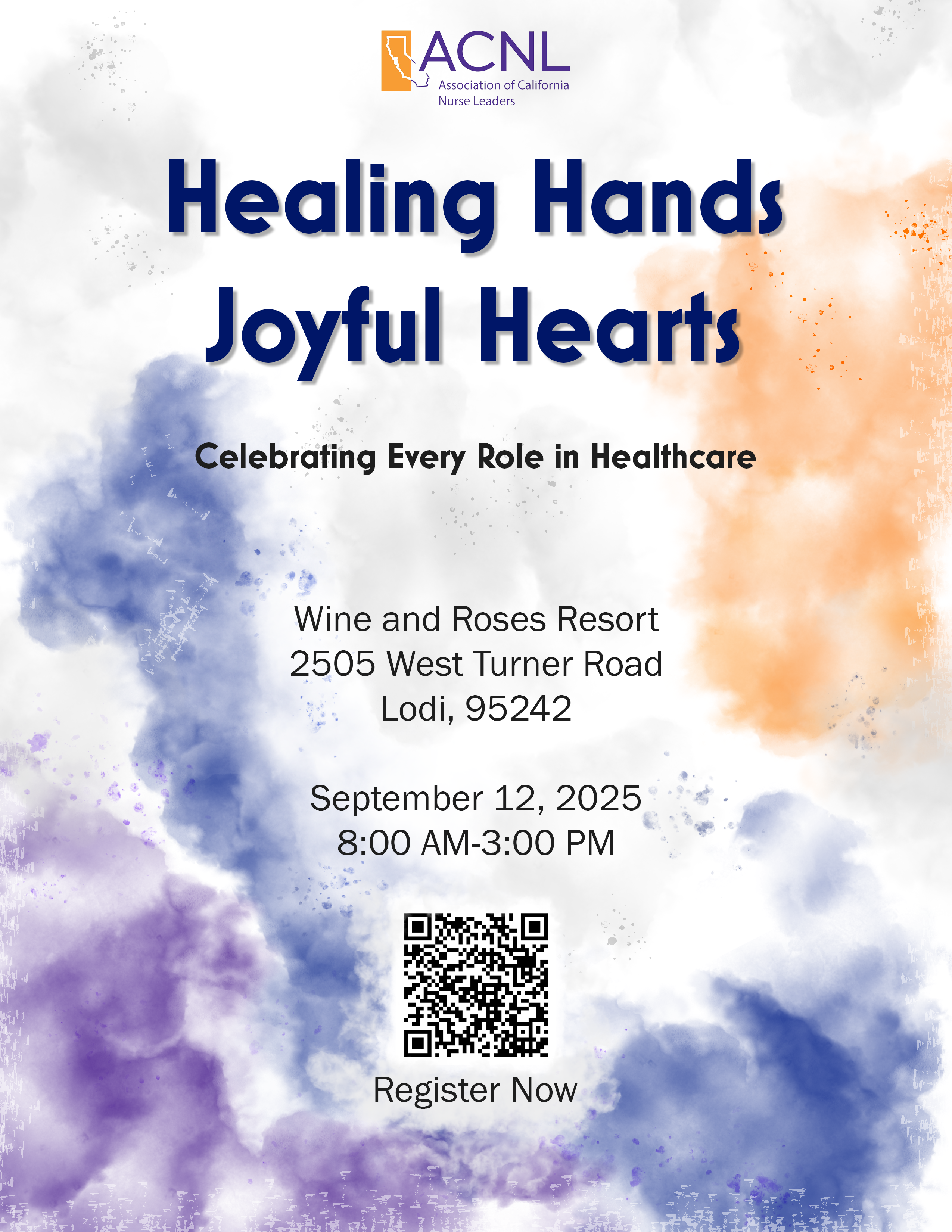 Healing Hands, Joyful Hearts symposium flyer: a bold navy title over a soft purple and orange watercolor wash, with venue, date, and a registration QR code