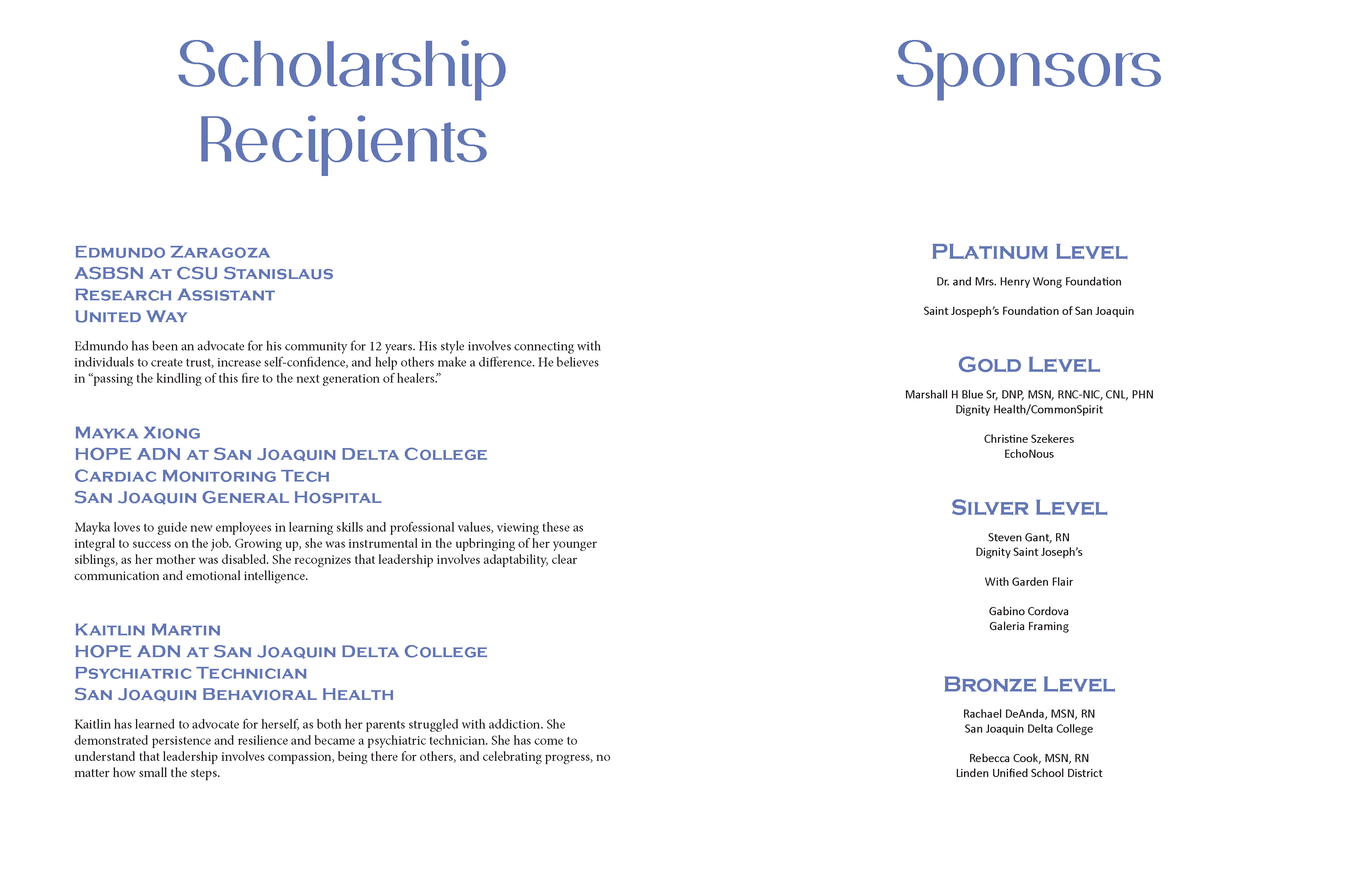 InDesign layout spread: closing booklet content, scholarships and sponsors
