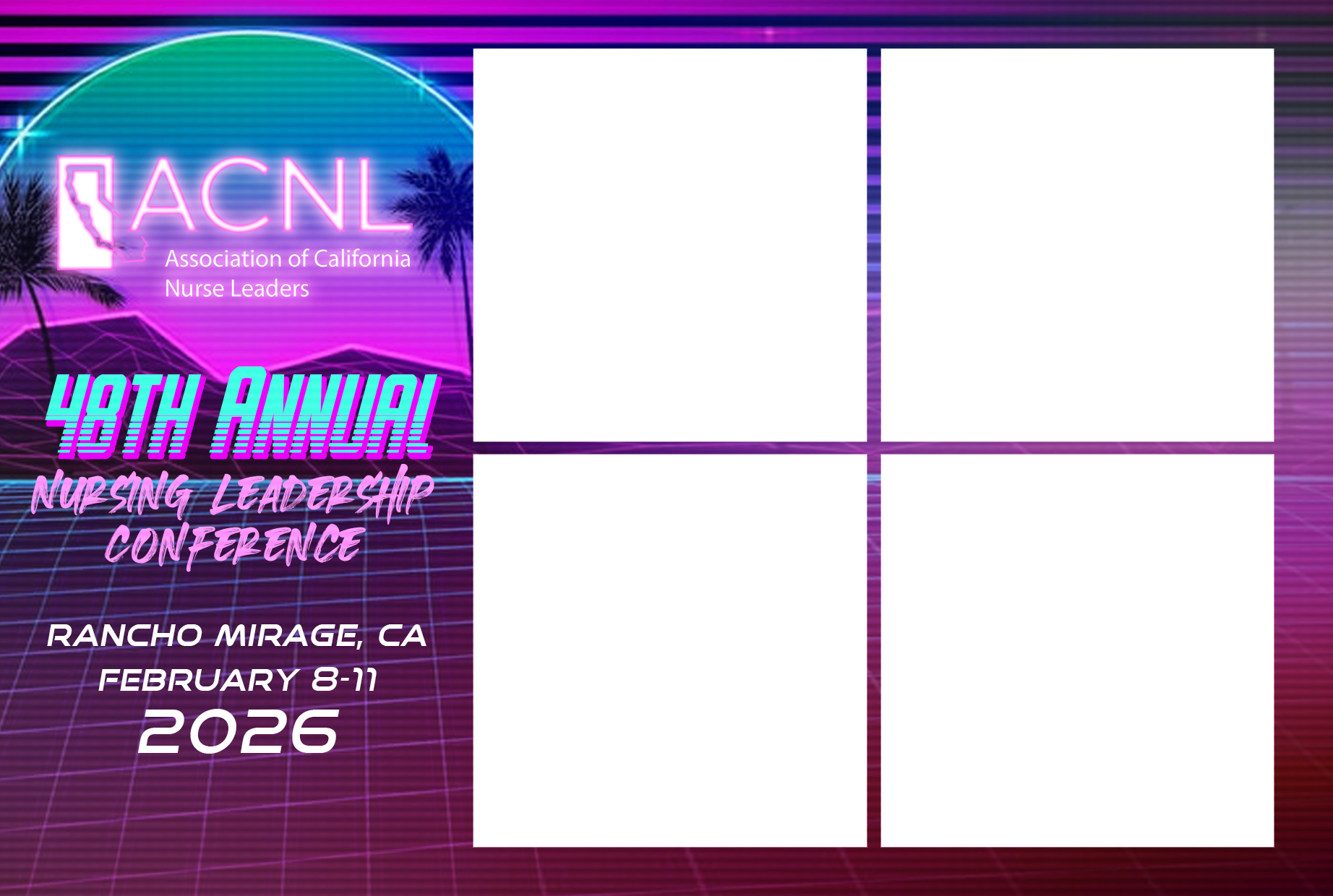 2x2 photobooth photo frame: a synthwave border with the ACNL logo and four empty photo squares