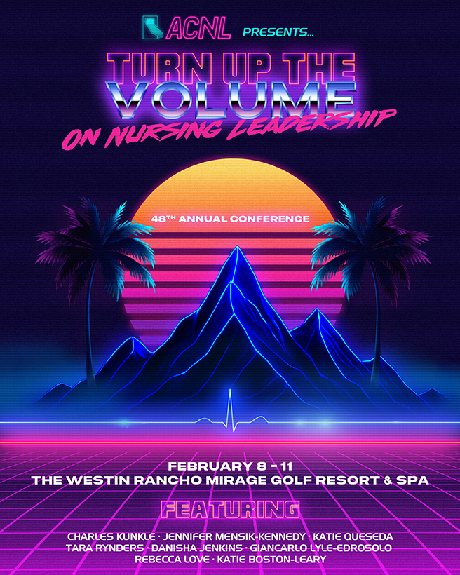 Turn Up the Volume final key art: an 80s synthwave poster with a neon sunset, palm trees, mountains, and an EKG line in ACNL purple and pink