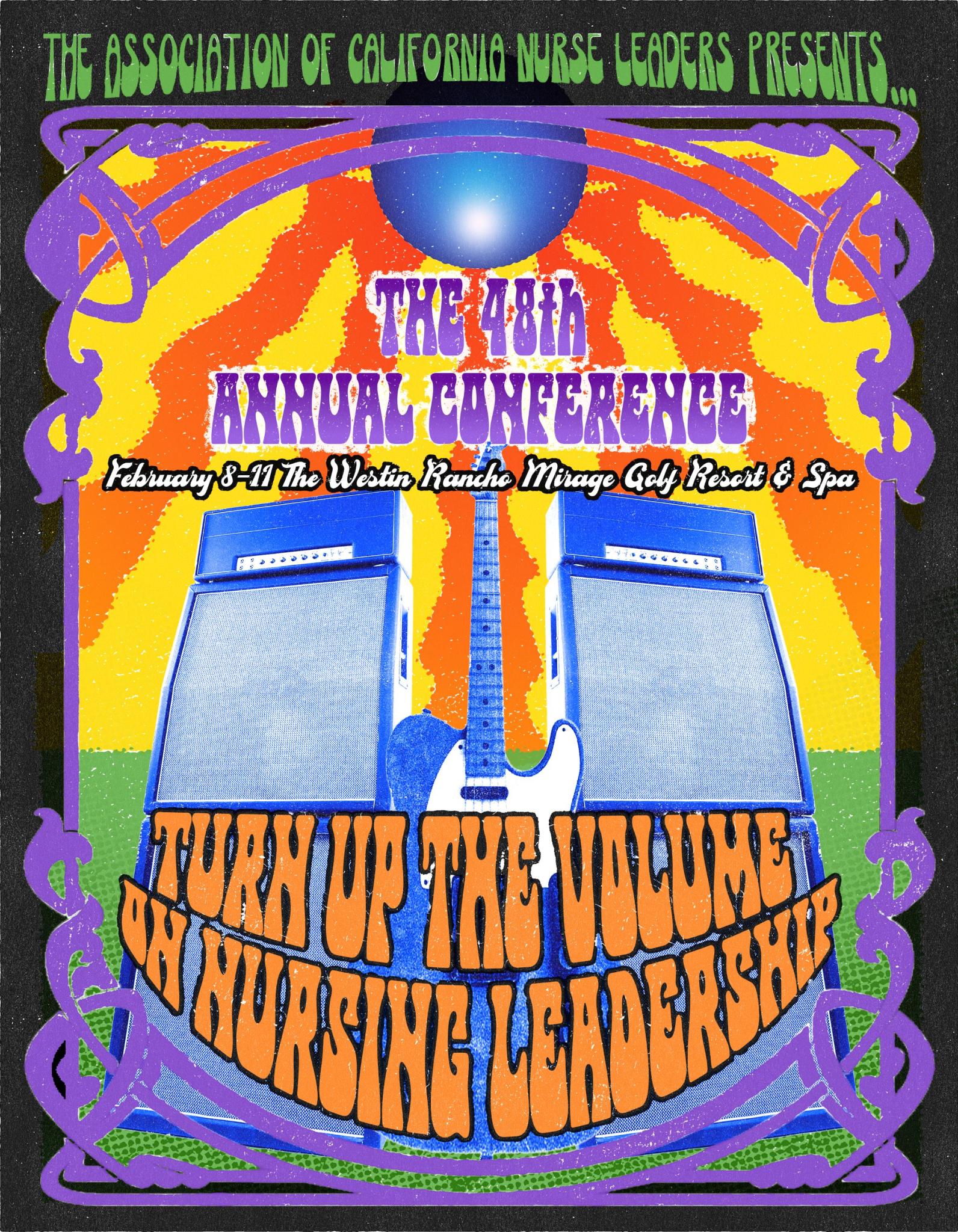 Rejected sample: a psychedelic poster with amplifiers and a guitar inside an art-nouveau border