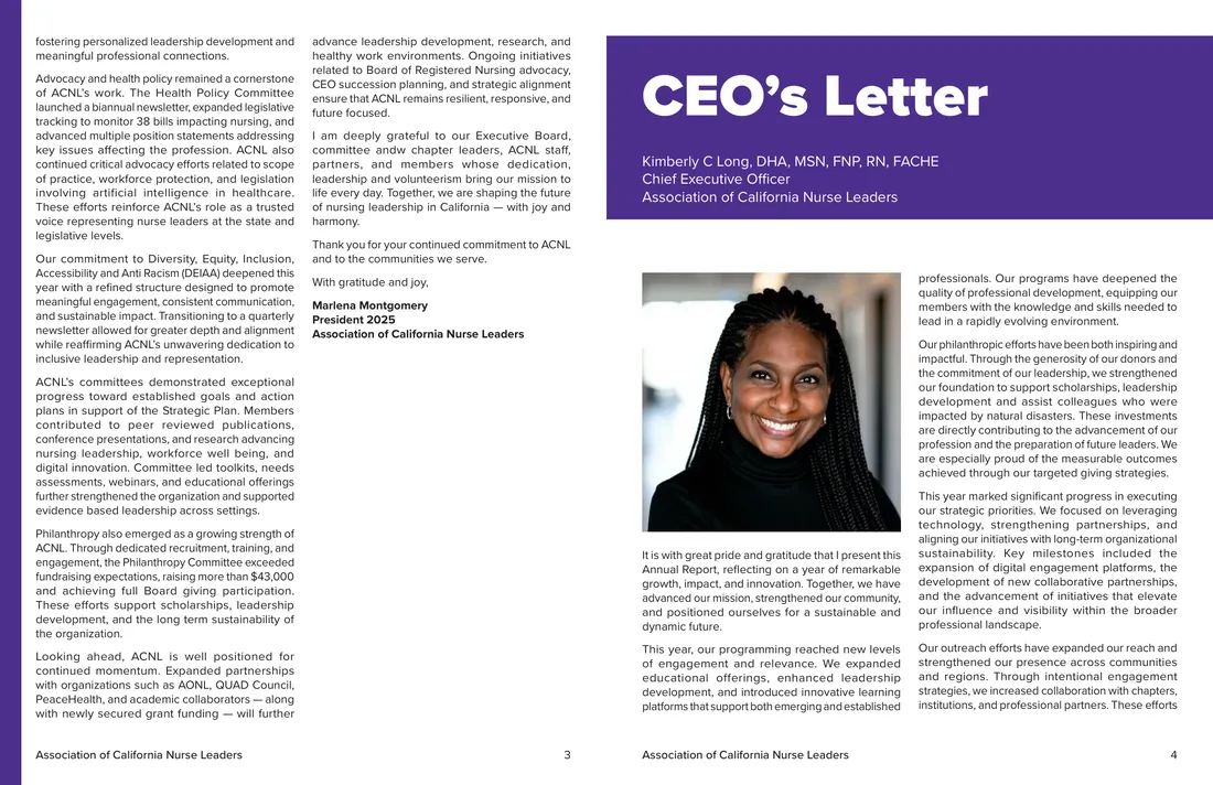 Spread: the President's letter continued, facing the CEO's letter with a headshot