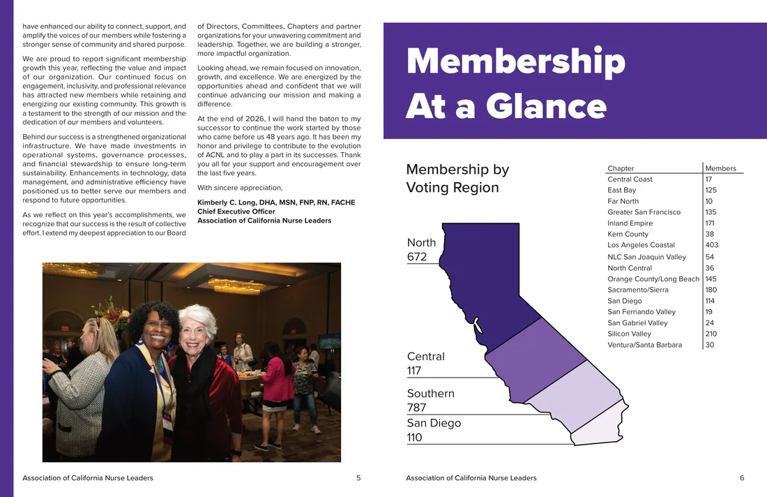 Spread: the CEO's letter continued, facing Membership at a Glance — a California map of membership by voting region