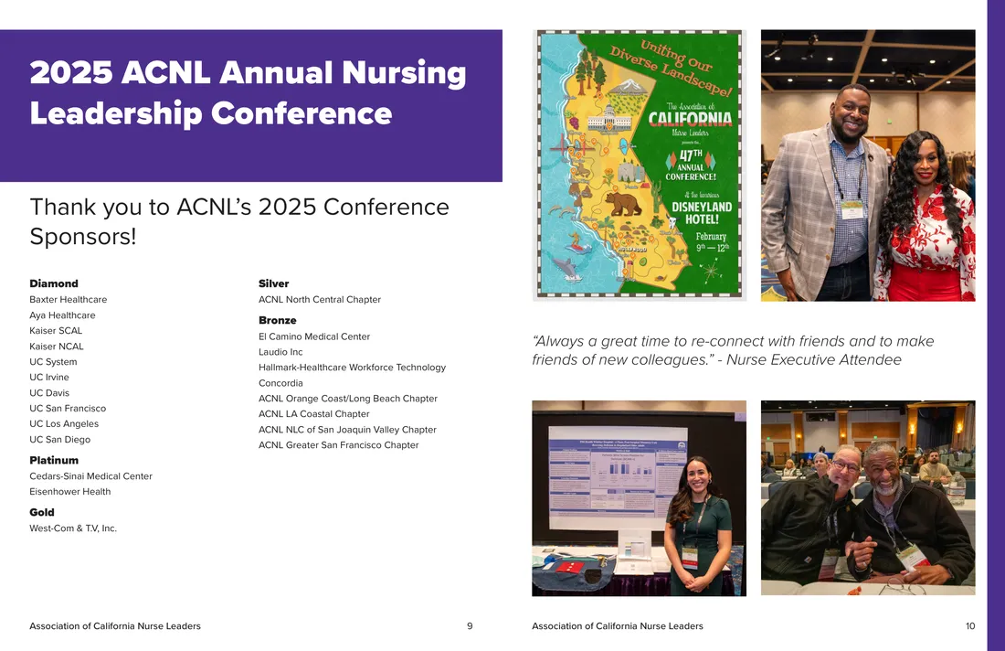 Spread: strategic-outlook text facing the 2025 Annual Nursing Leadership Conference recap with sponsor thanks and photos