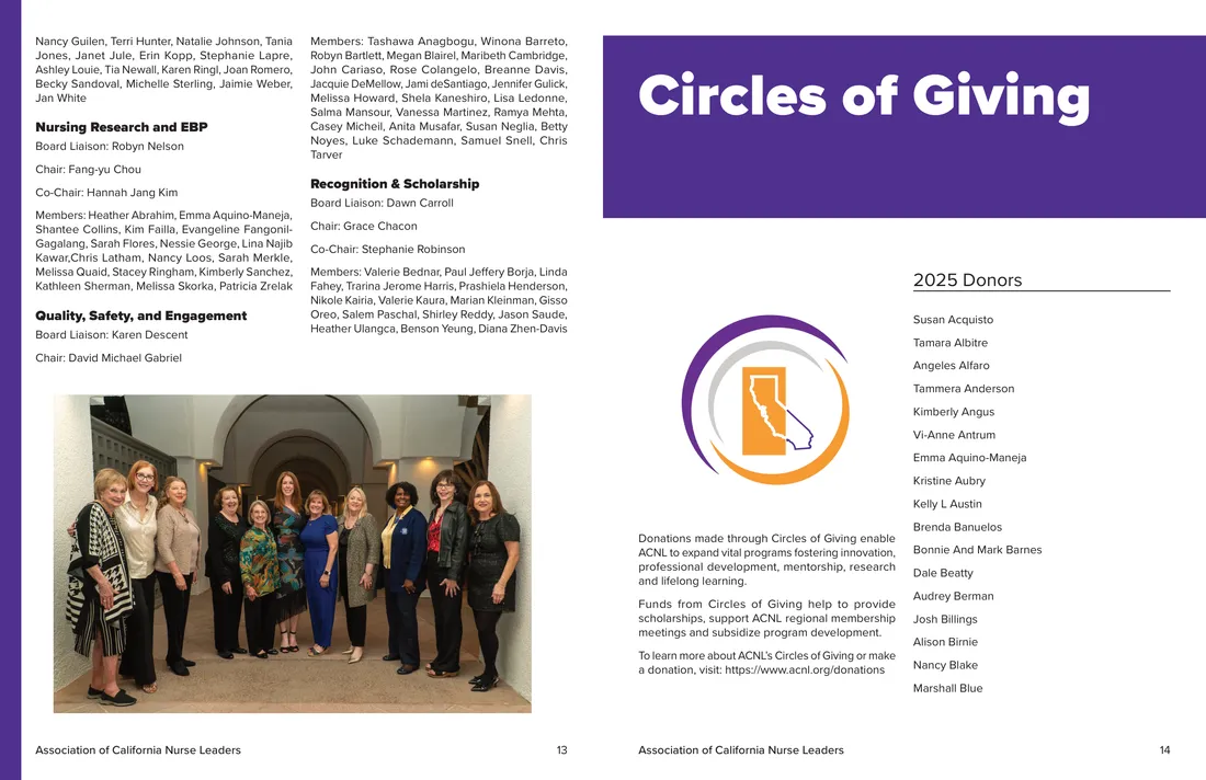 Spread: the committee list continued, facing the Circles of Giving page with the 2025 donor list and giving-campaign logo