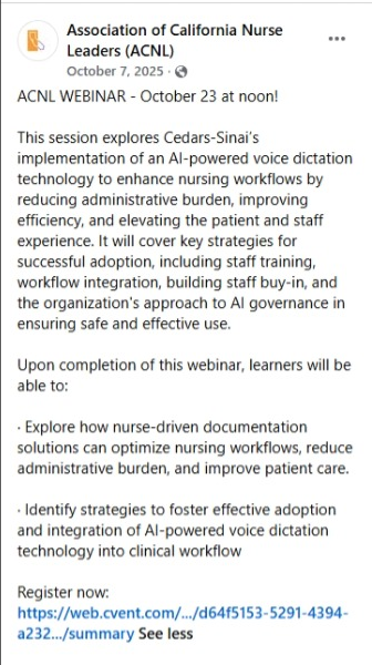 The post copy promoting the webinar on Cedars-Sinai's AI-powered voice dictation, with learning objectives and a registration link