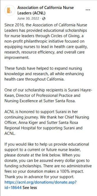 The post copy explaining the Circles of Giving scholarship program, with a donation link and a no-administrative-fees pledge