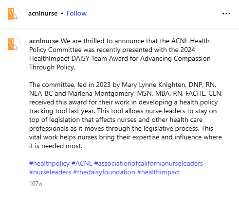 The post copy announcing the DAISY Team Award and crediting the committee's health policy tracking tool