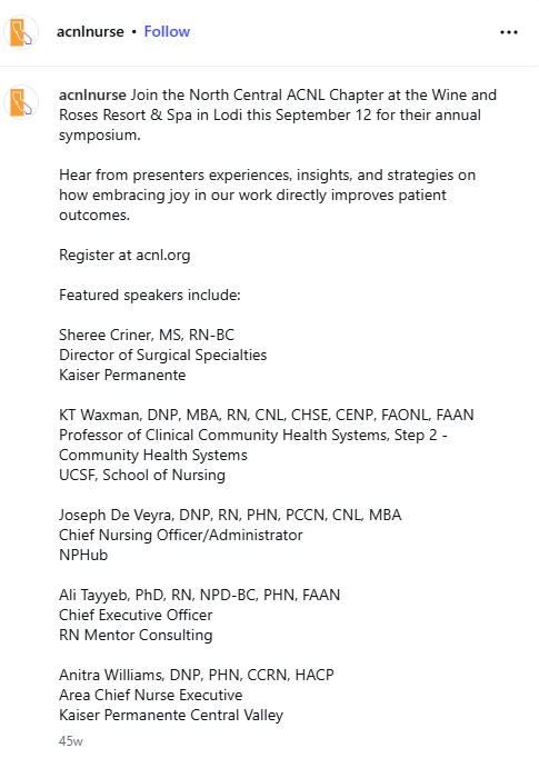The post copy inviting nurse leaders to the North Central Chapter symposium, listing the featured speakers and their credentials
